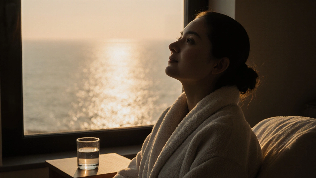 A relaxed person sitting up after a massage, wrapped in a robe, gazing peacefully out a window at the sea at sunset.