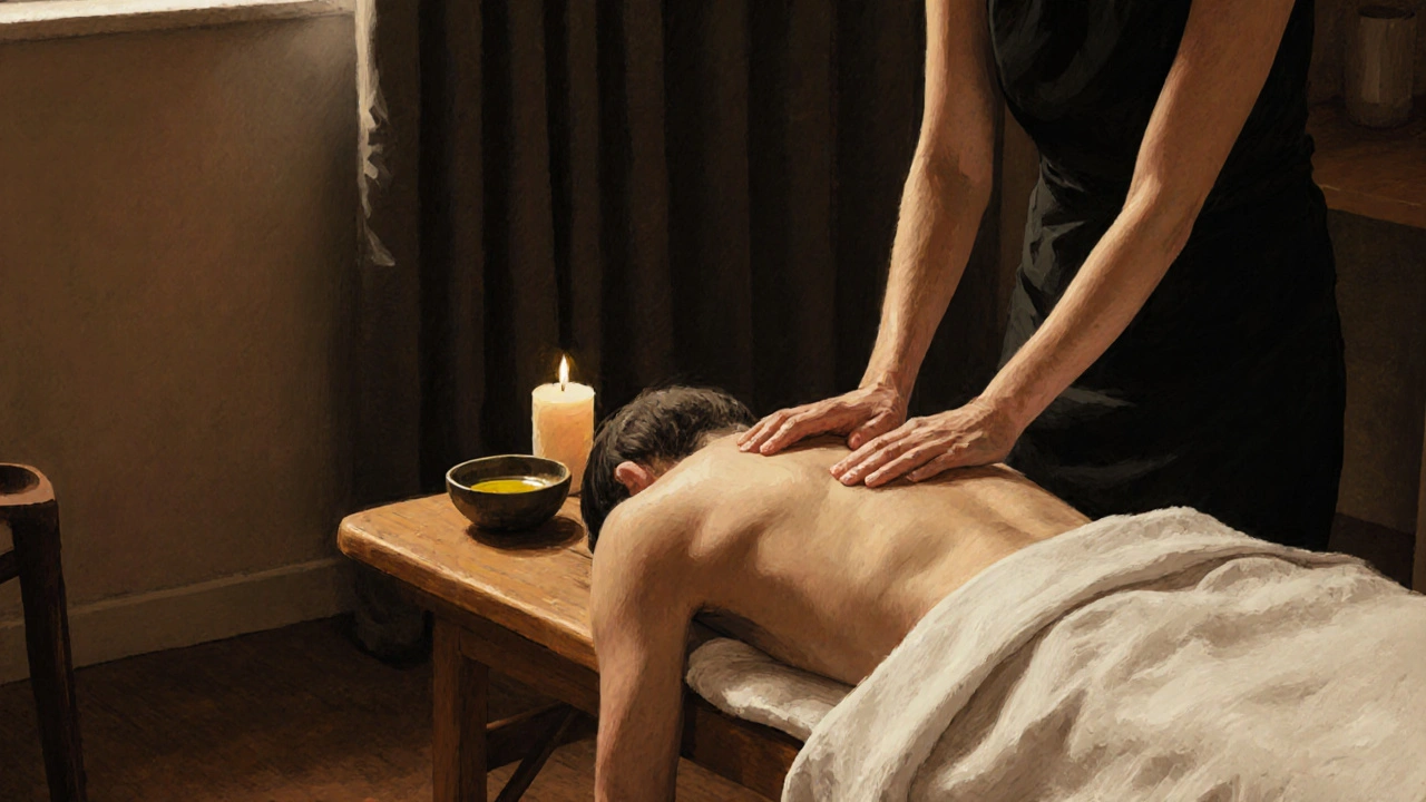 A serene massage room with warm lighting, oil, and a therapist&#039;s hands hovering above a client&#039;s back.