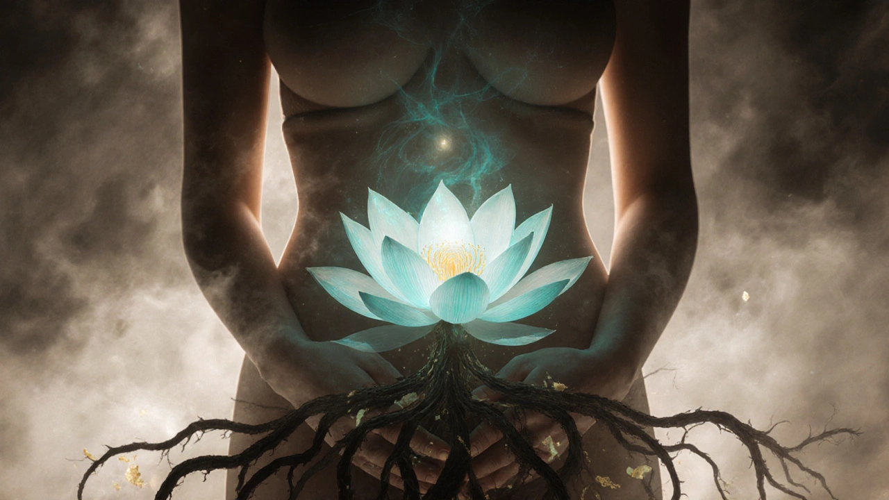A symbolic lotus rising from tangled roots beneath a woman’s silhouette, representing emotional release and renewal.