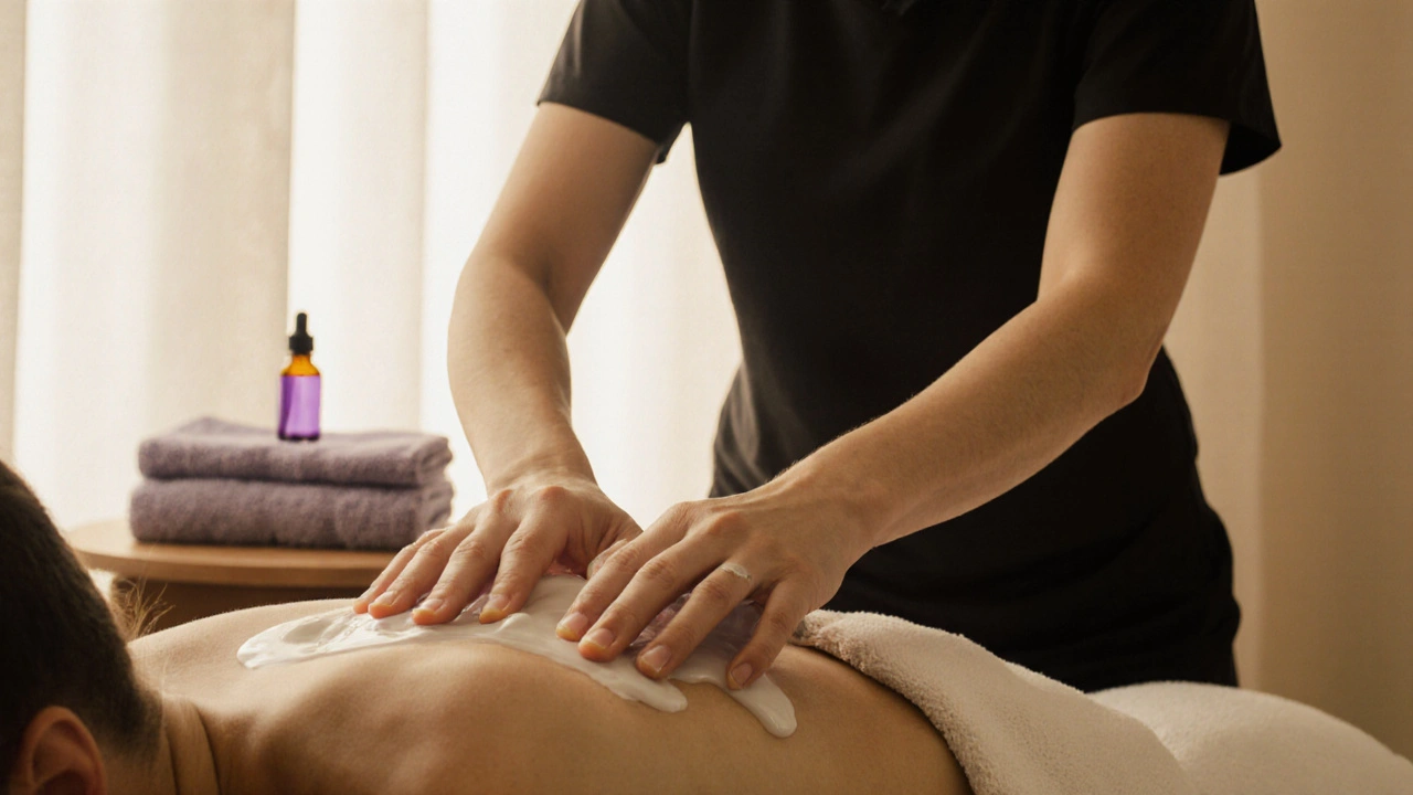 A therapist&#039;s hands performing gentle strokes on a client&#039;s back with warm lotion and natural light.