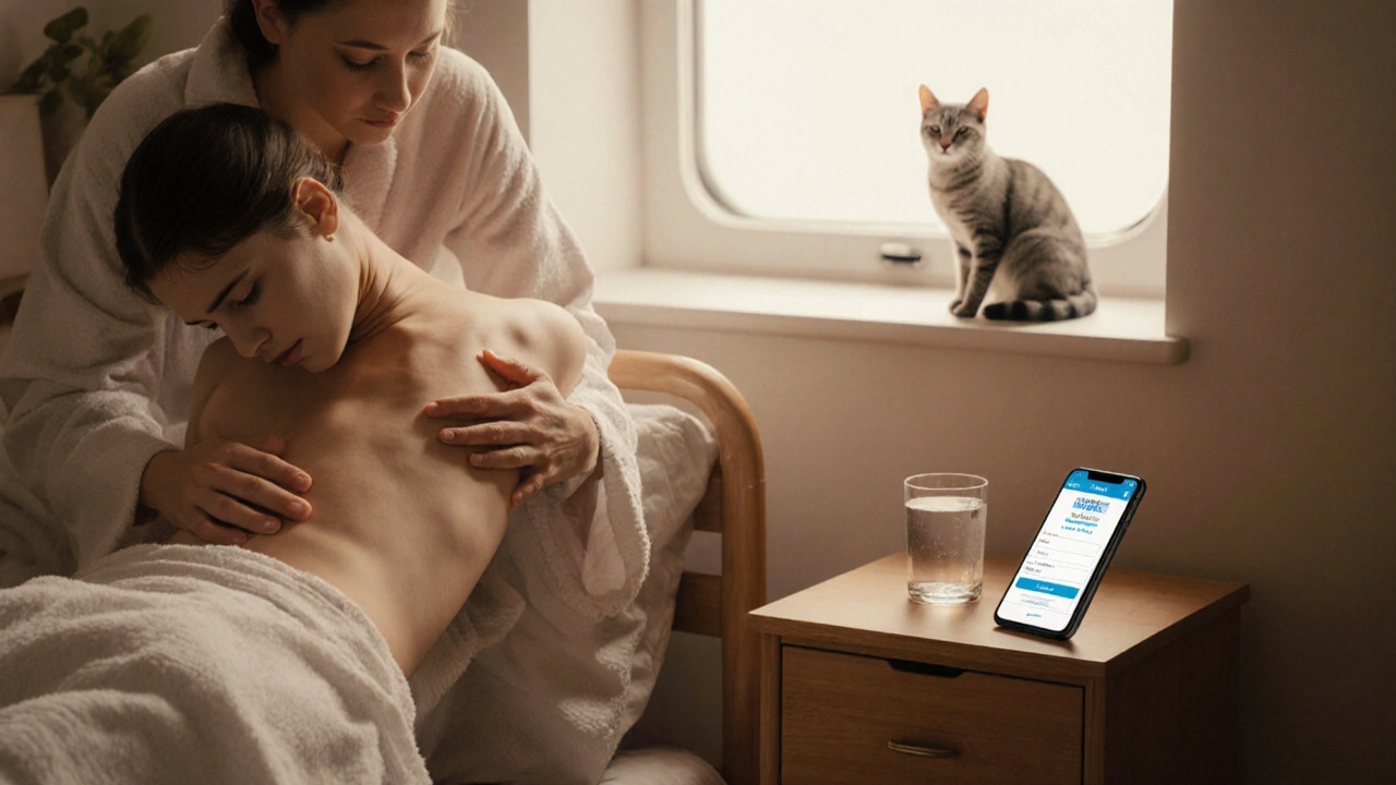 A therapist giving a deep tissue massage to a client in a bedroom, soft lighting, a cat on the windowsill, peaceful atmosphere.