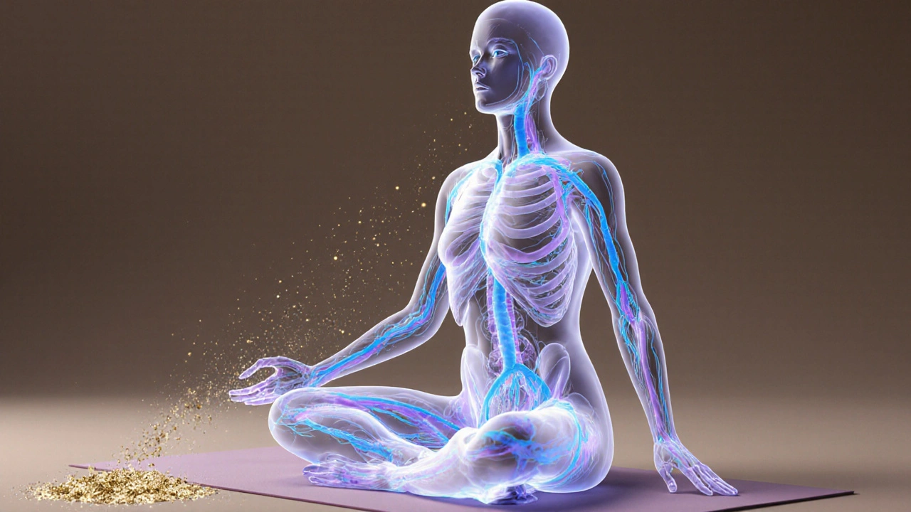 A translucent human body with glowing lymphatic pathways flowing toward the core during a yoga twist pose.