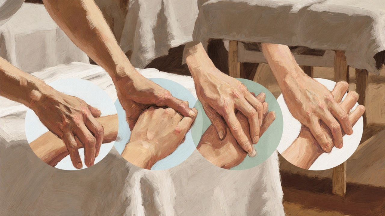 Abstract artistic representation of the five flowing techniques of Swedish massage in warm, earthy tones.