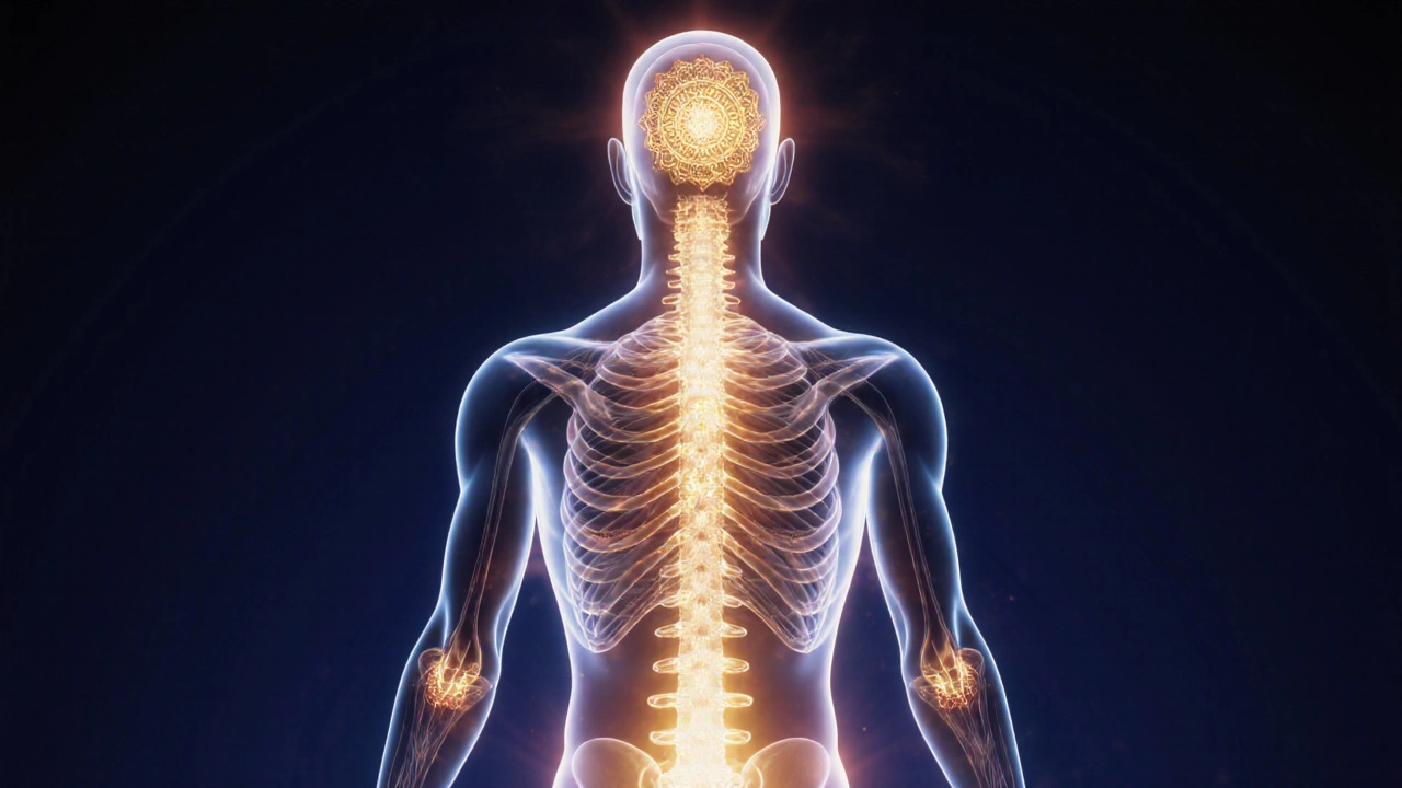 Abstract golden energy flowing through a human form, symbolizing the sacred life force awakened during tantric practice.