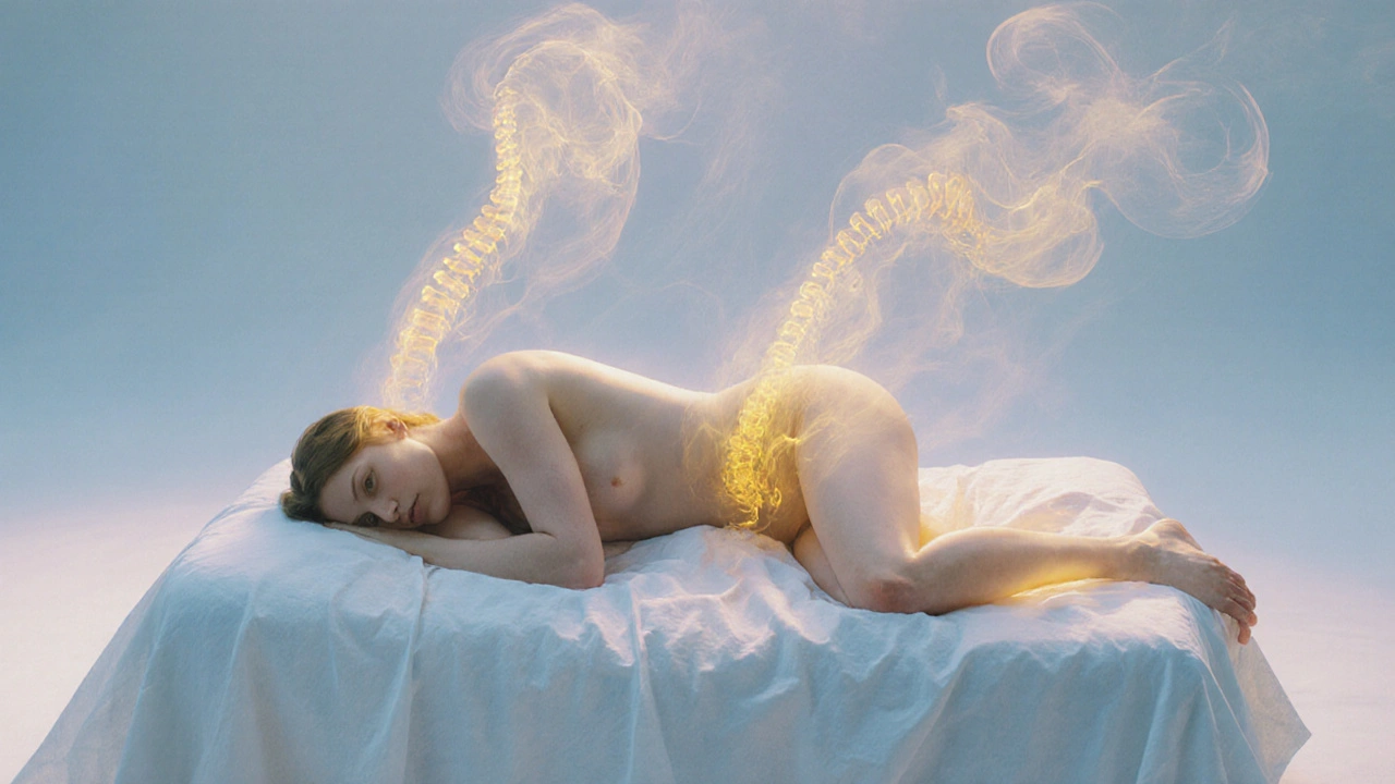 Abstract golden mist rising from a curled figure, symbolizing emotional release and bodily awareness.