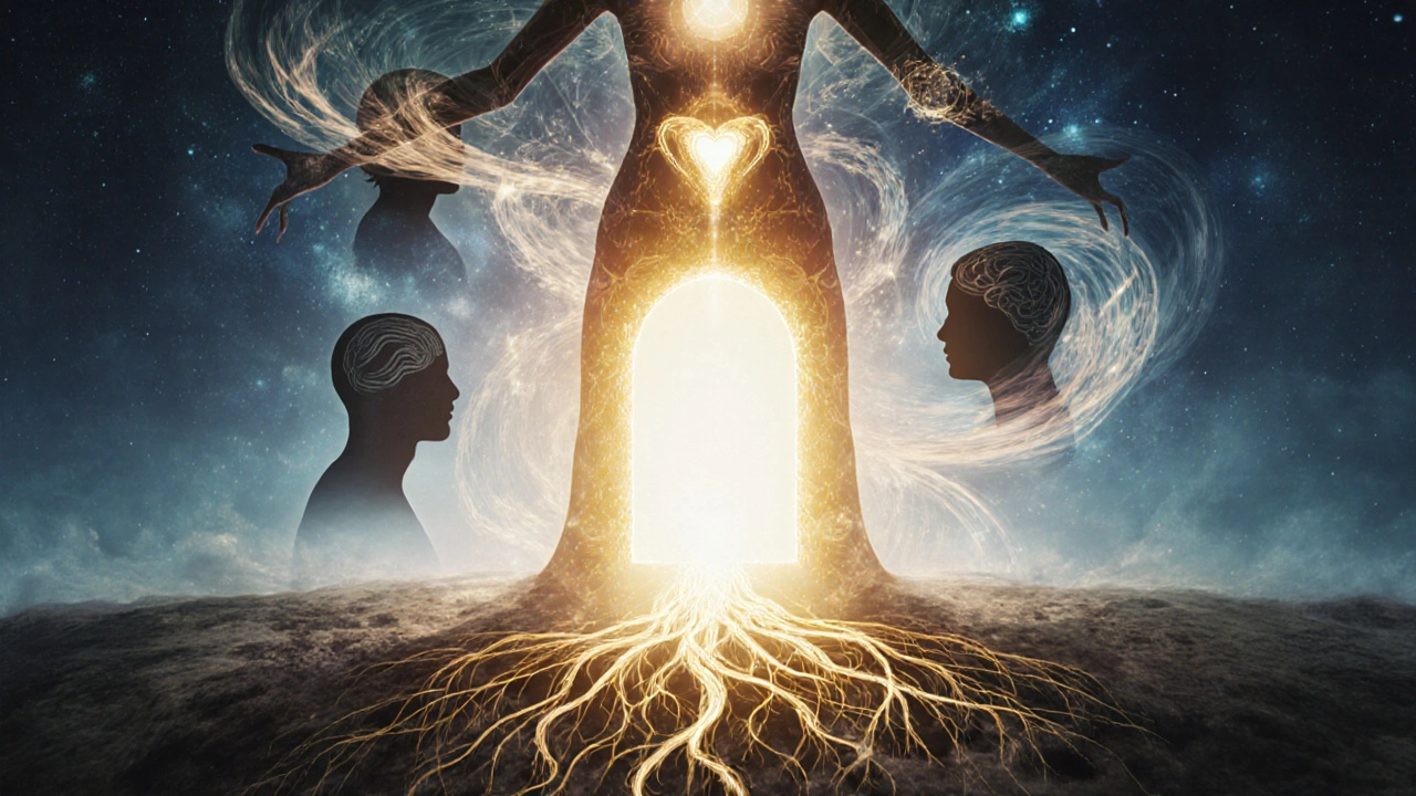 Abstract golden portal emerging from a woman&#039;s pelvis, connected by energy threads to her heart and mind, symbolizing healing.