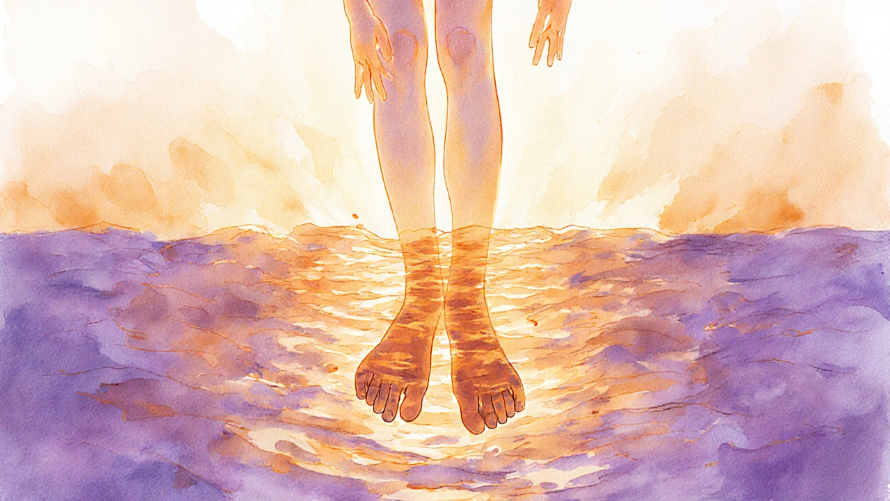 Abstract silhouette immersed in glowing amber and lavender light, symbolizing deep bodily release and calm.