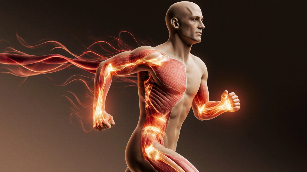 Abstract visualization of muscle fascia release with glowing pressure waves, representing deep tissue recovery.