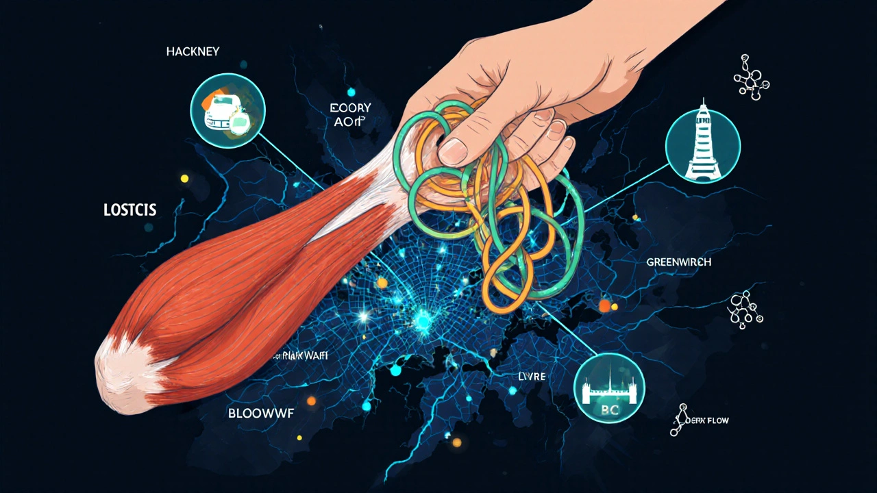 Abstract visualization of muscle fibers untangling with London map and recovery symbols in scientific art style.