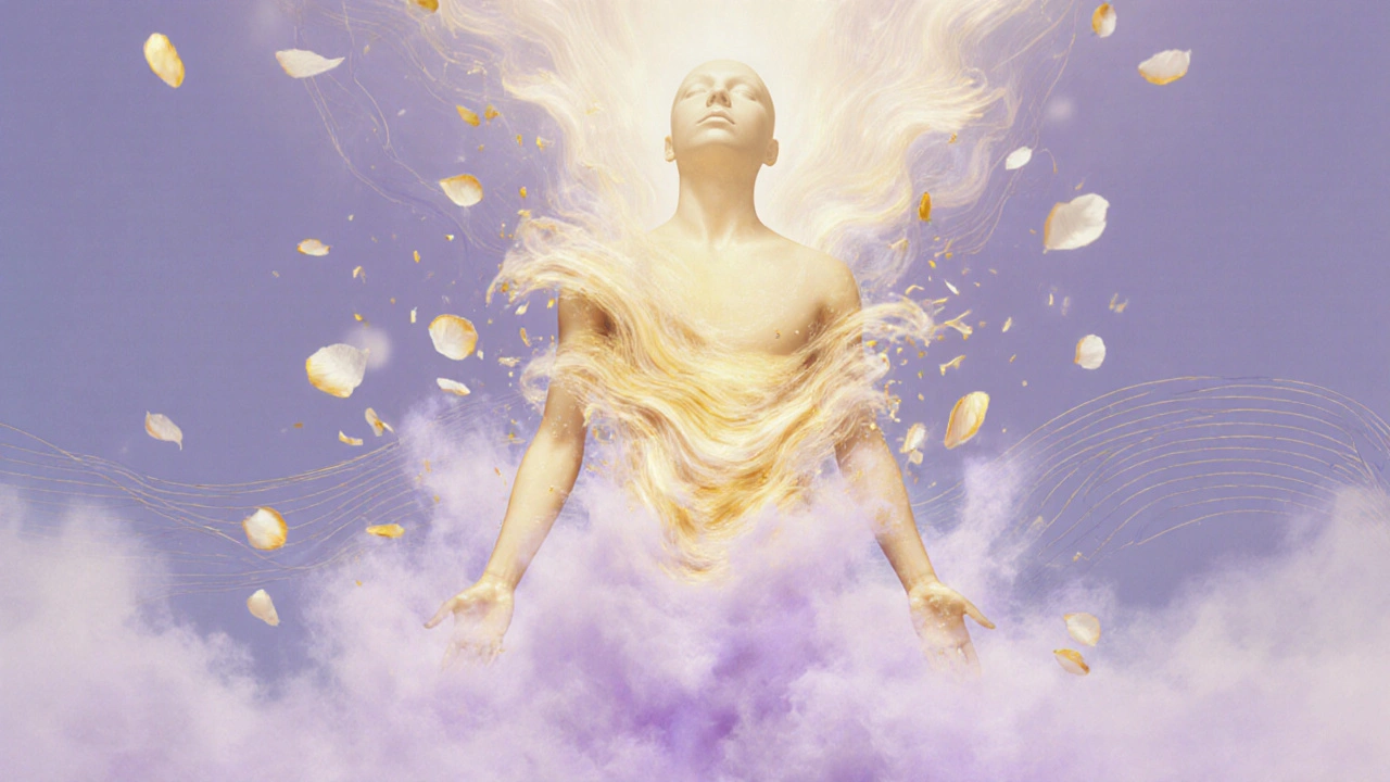 An abstract image of golden light rising from the body, symbolizing emotional release and healing.