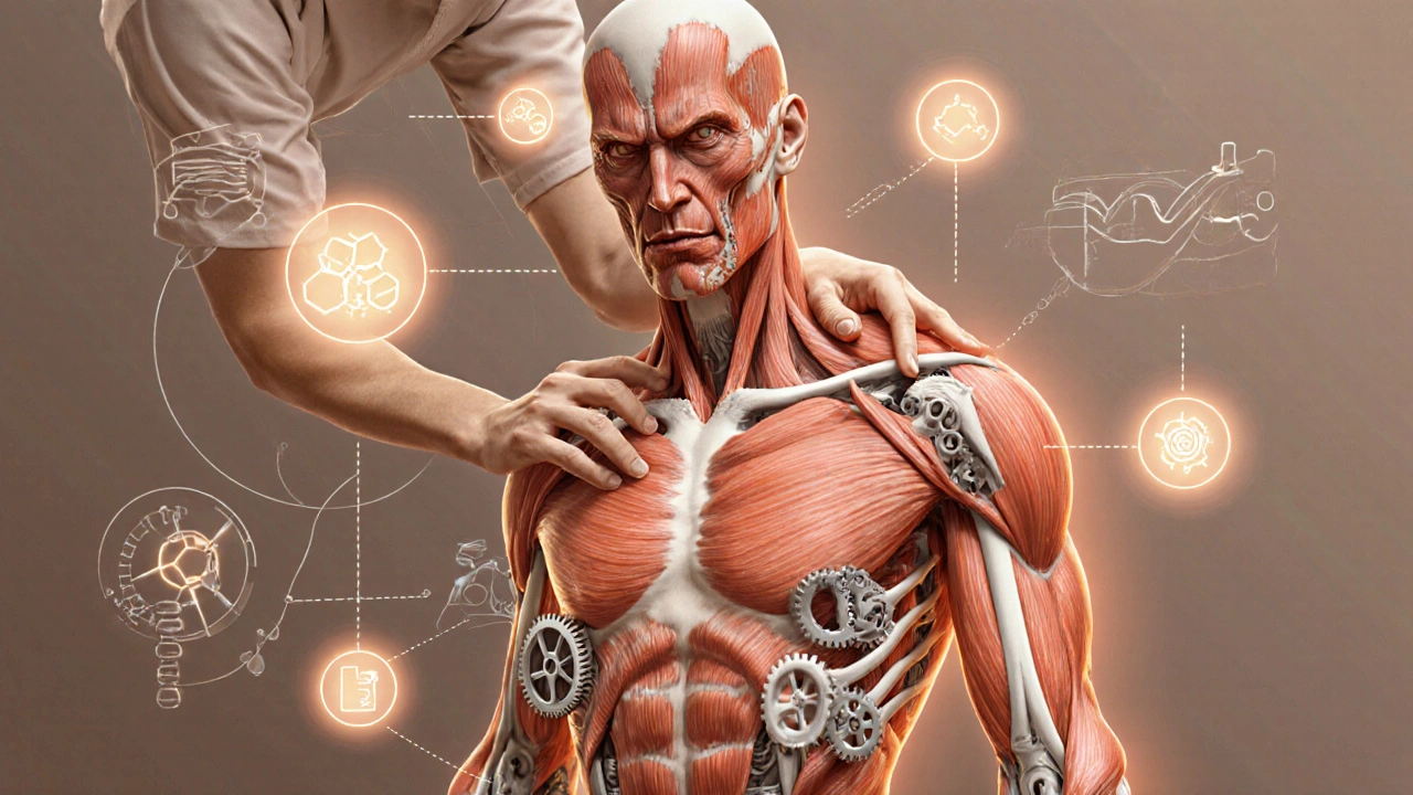 Artistic representation of the body as a machine with therapist applying targeted pressure