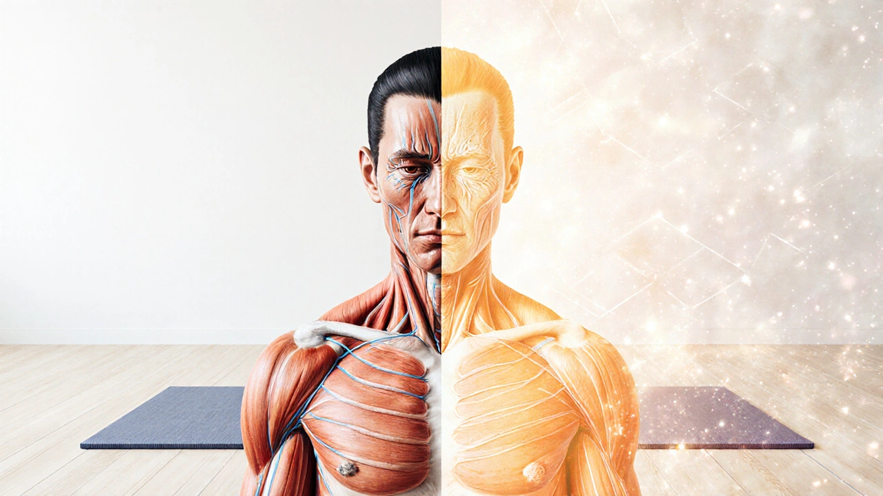 Before and after concept of a body with blocked energy transforming into open, flowing movement after Thai massage.