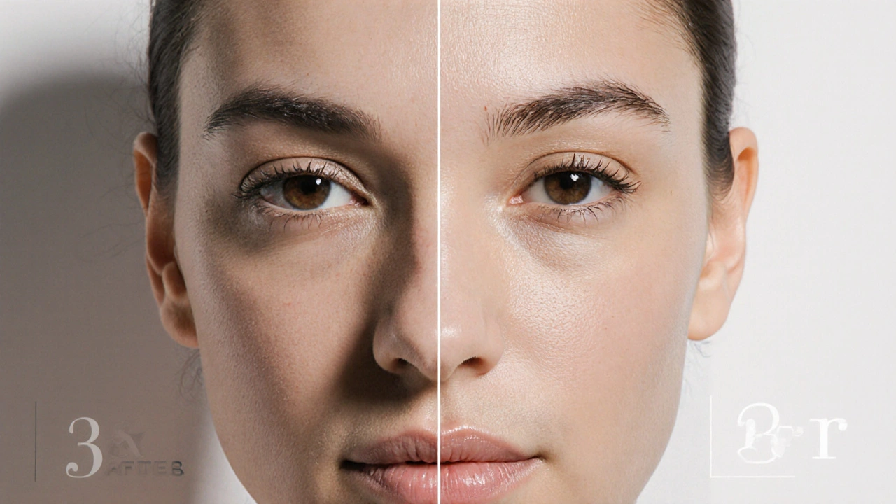 Before-and-after facial comparison showing reduced puffiness and improved skin contour.