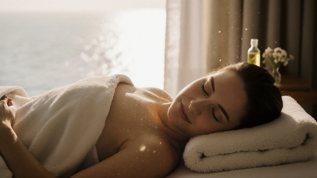 Client relaxed after a session, wrapped in a blanket with sunlight streaming through a window.