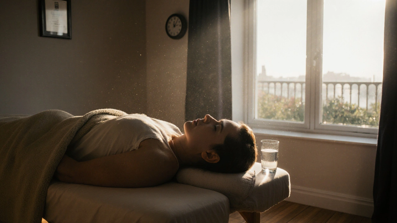 Client resting after a massage, covered in a blanket, with sunlight and a glass of water nearby.