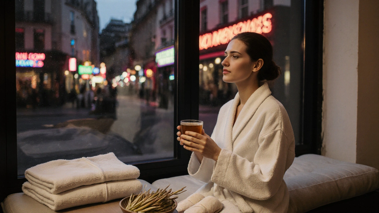 Client sitting quietly after a Thai massage, holding tea, with soft city lights visible through the window.