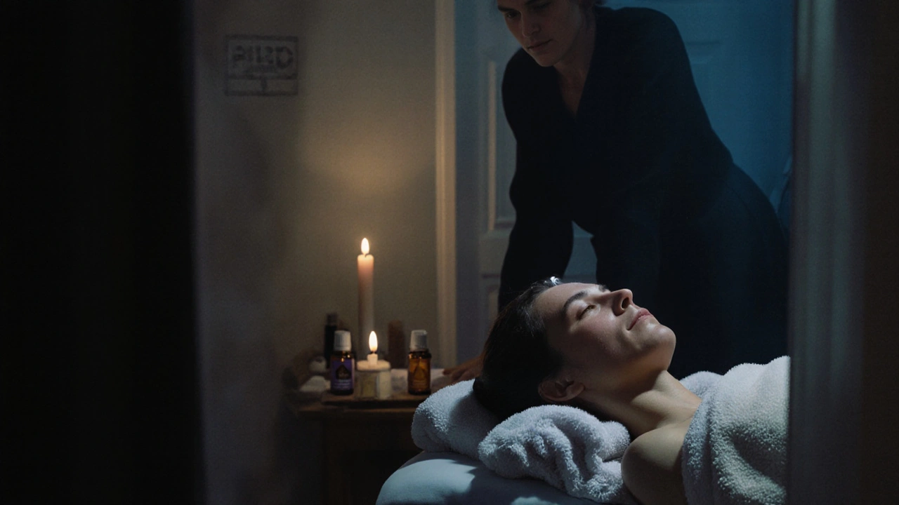 Client wrapped in a towel, tear on cheek, in peaceful darkness with candlelight after a calming massage.