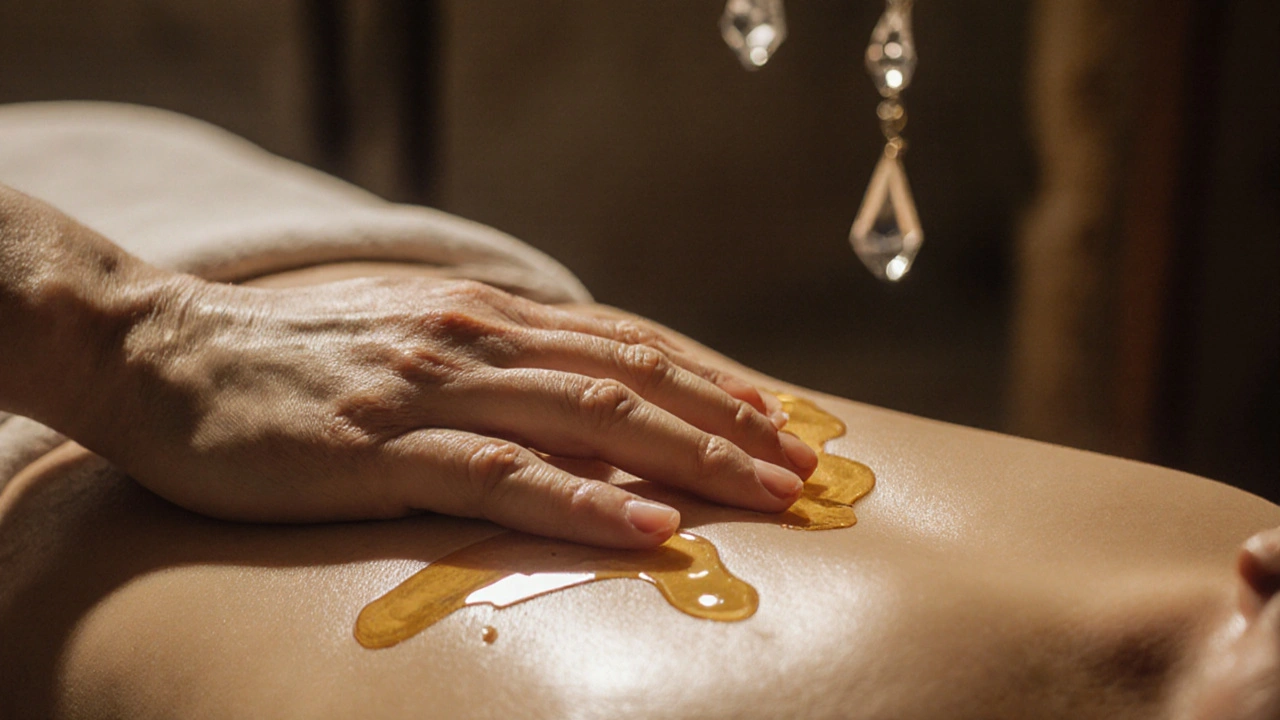 Close-up of a hand touching a person&#039;s back through cloth, tear on temple, warm light highlighting emotional release.