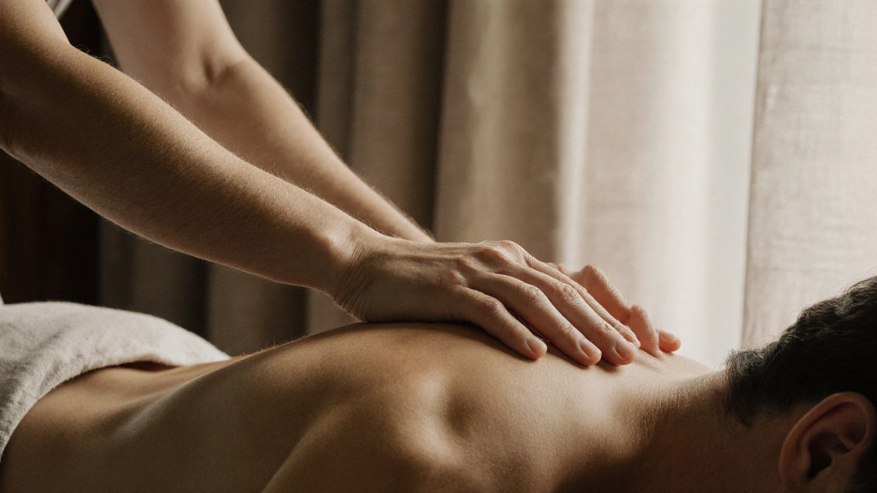 Close-up of a therapist&#039;s forearm gliding gently over a client&#039;s shoulder through a thin fabric barrier.