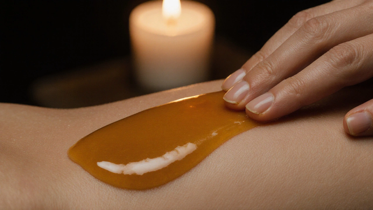 Close-up of golden wax melting into skin with soft hand strokes, highlighting hydration and warmth.