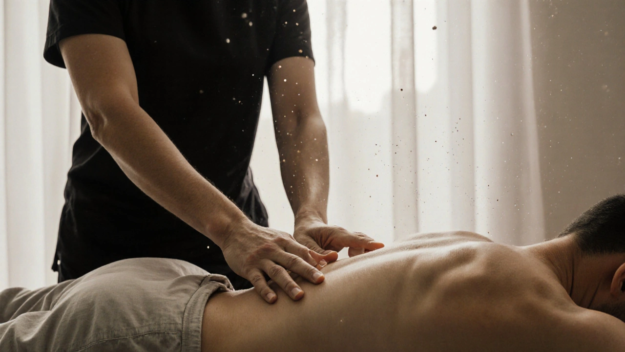 Close-up of hands applying acupressure on a relaxed client&#039;s back during a traditional Thai massage session.