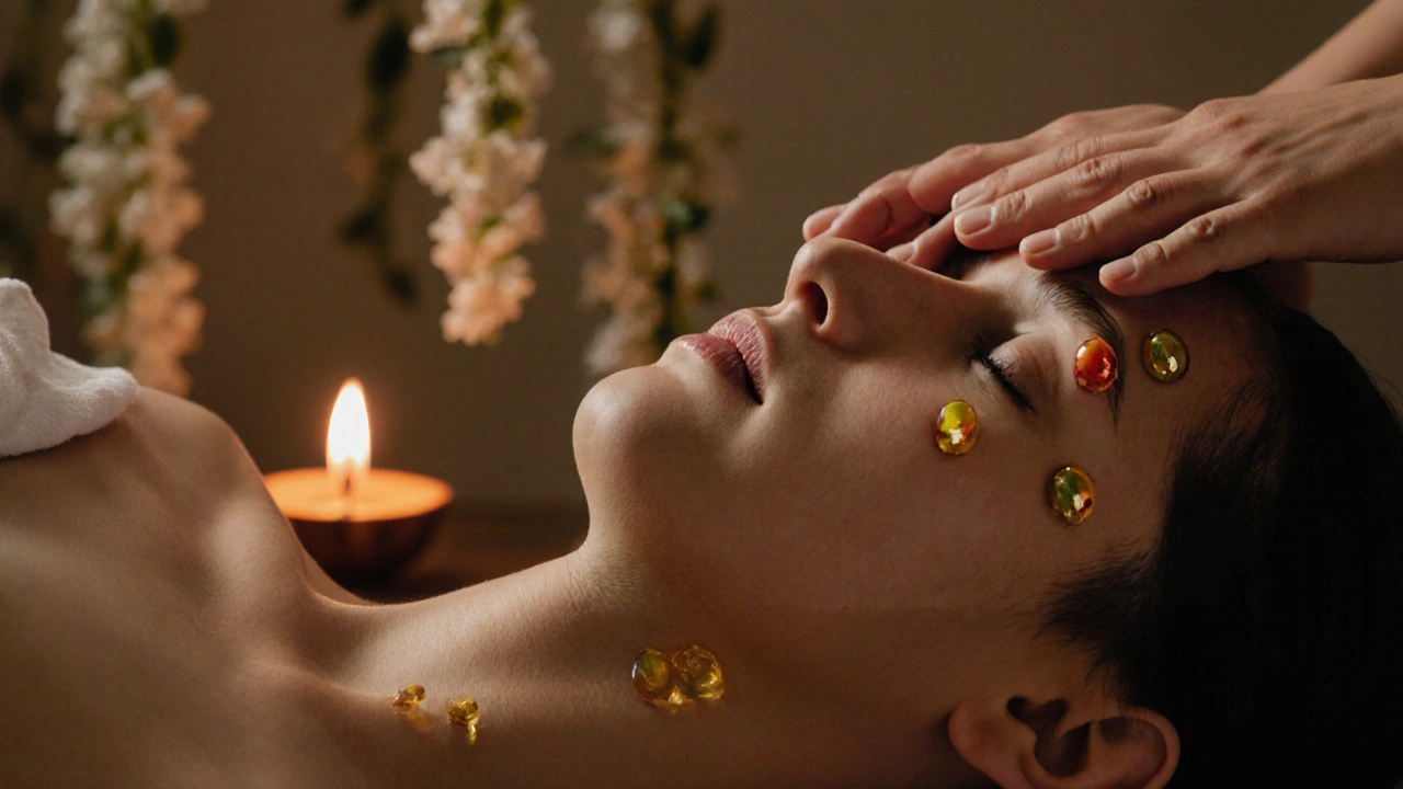 Close-up of hands applying precise pressure to marma points on a person&#039;s temple and neck.