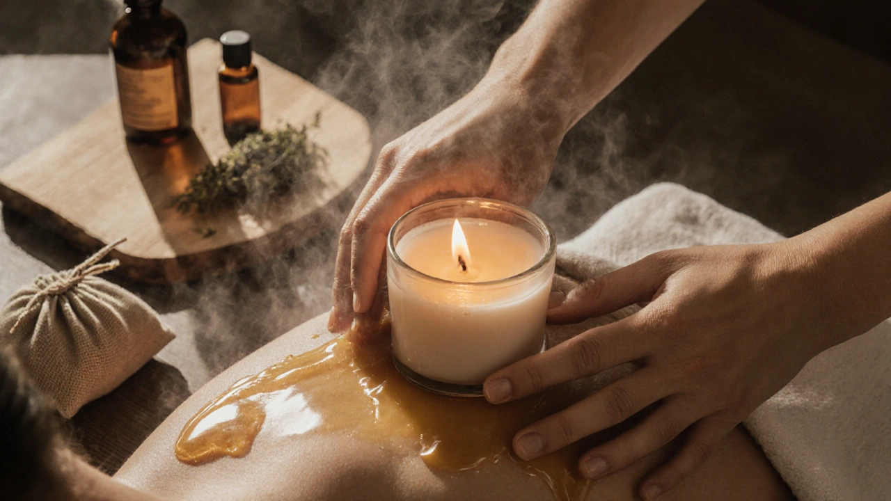 Close-up of hands massaging golden melted wax into skin, with candlelight glinting on droplets and herbal oils nearby.