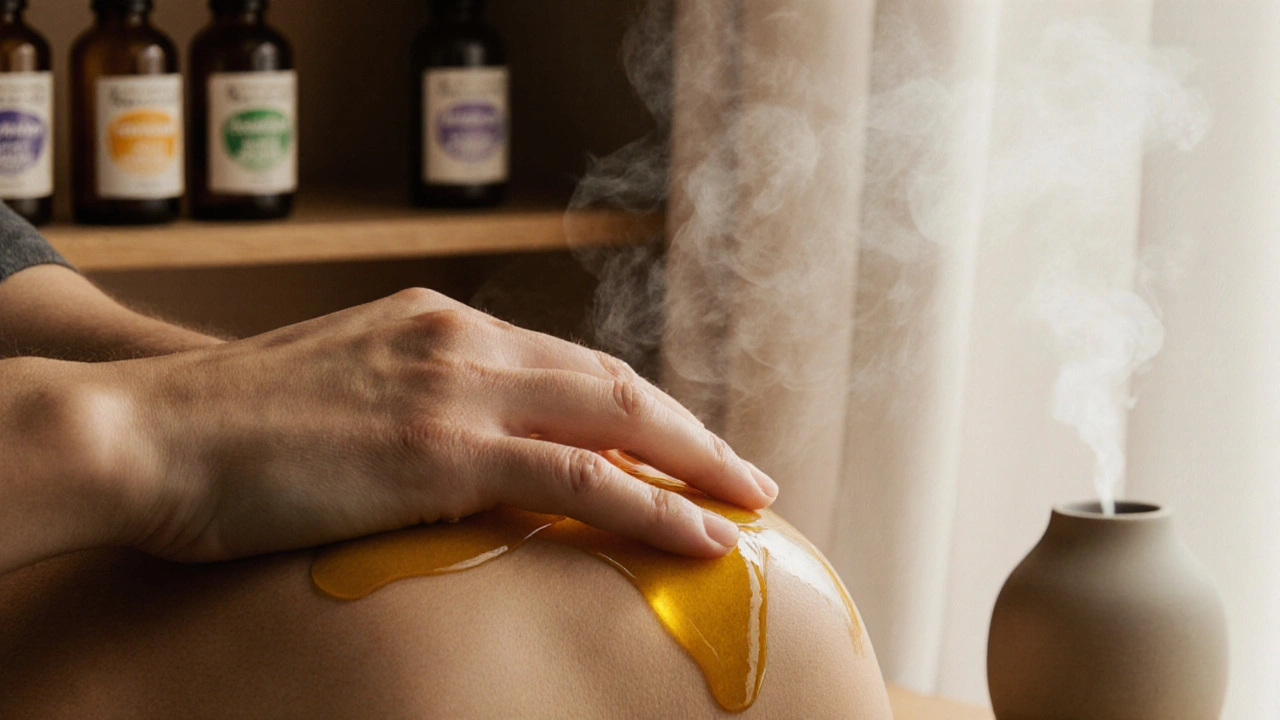 Close-up of hands massaging oil into skin with essential oil bottles visible in the background.