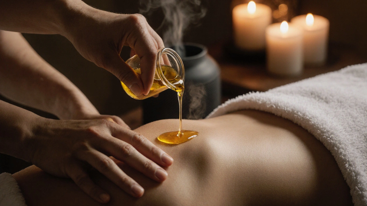 Close-up of hands pouring warm oil onto skin, emphasizing gentle touch and texture in a serene setting.