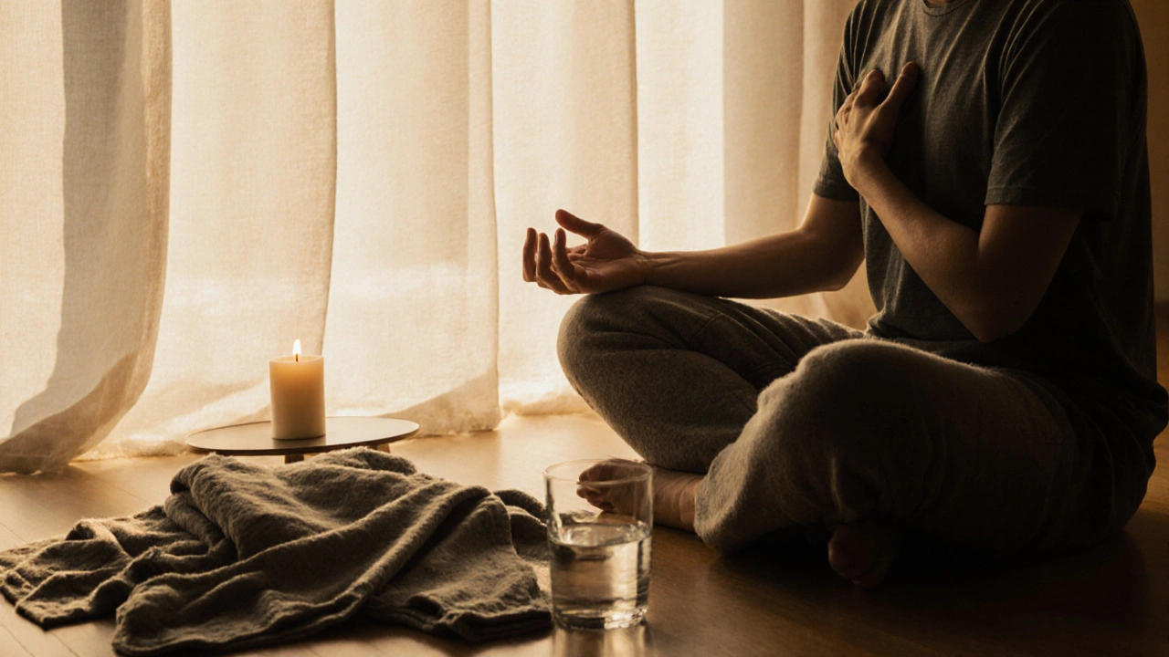 Close-up of hands resting on chest, eyes closed, under warm light with a weighted blanket and flickering candle nearby.