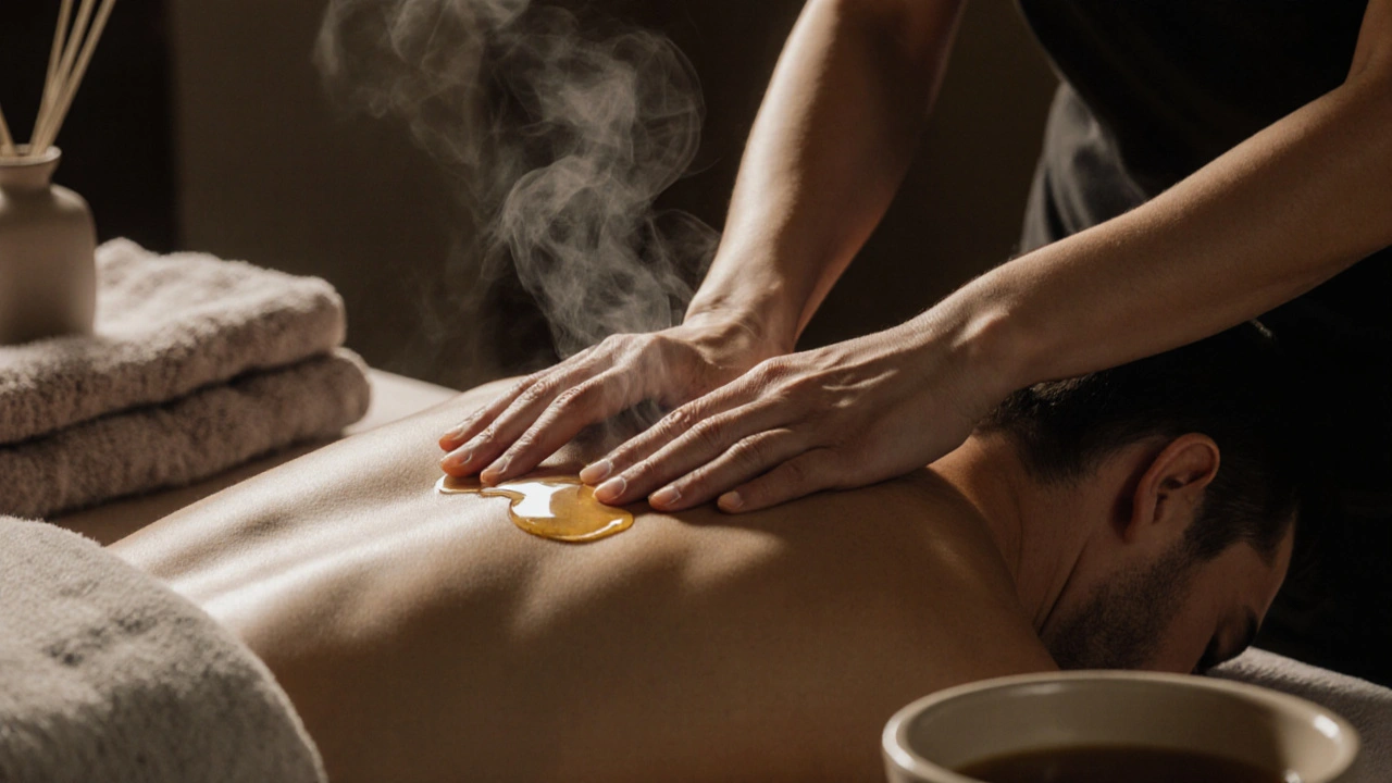 Close-up of therapist&#039;s hands applying gentle massage strokes with oil on a client&#039;s neck and shoulders.