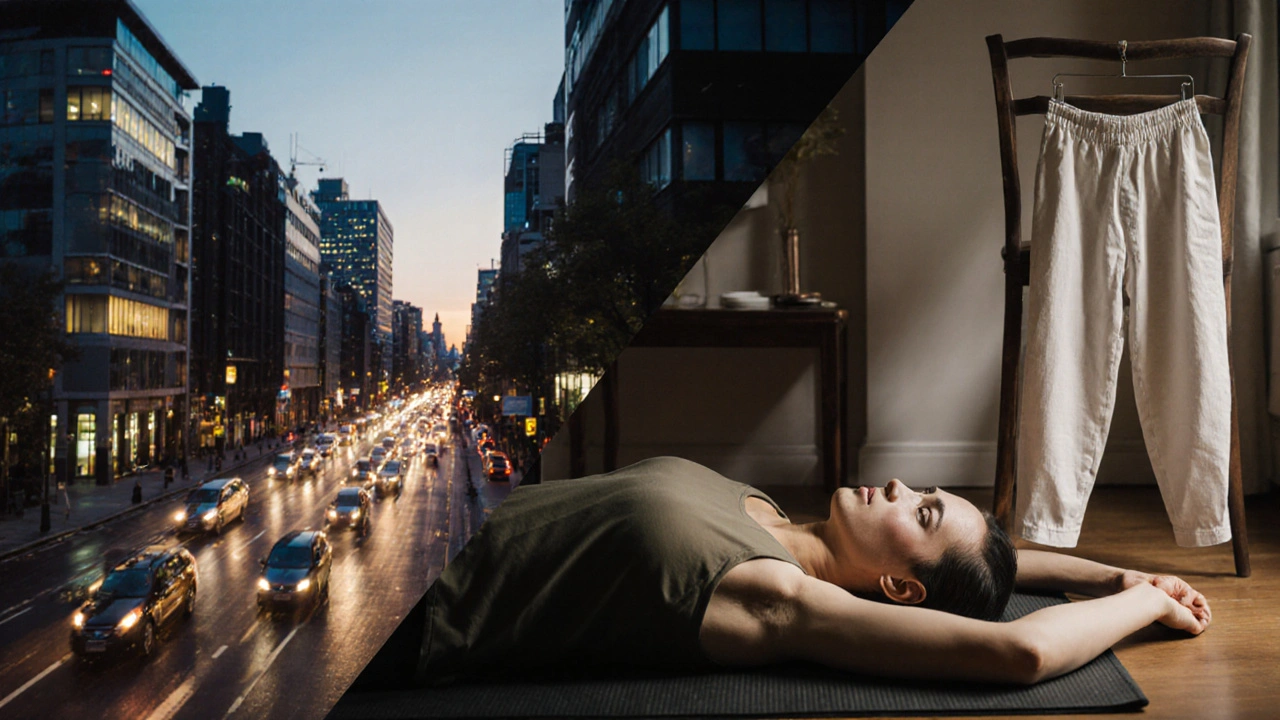 Contrast of busy London city life versus peaceful Thai massage session in a quiet studio.