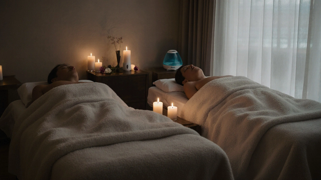 Couples lying side by side in peaceful candle massage, each with a glowing candle and warm towels, bathed in soft ambient light.