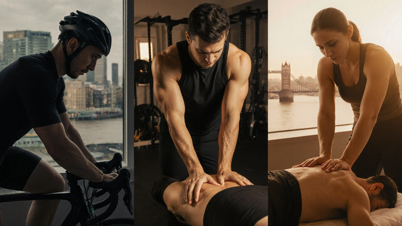 Diverse London athletes getting sports massages in different locations