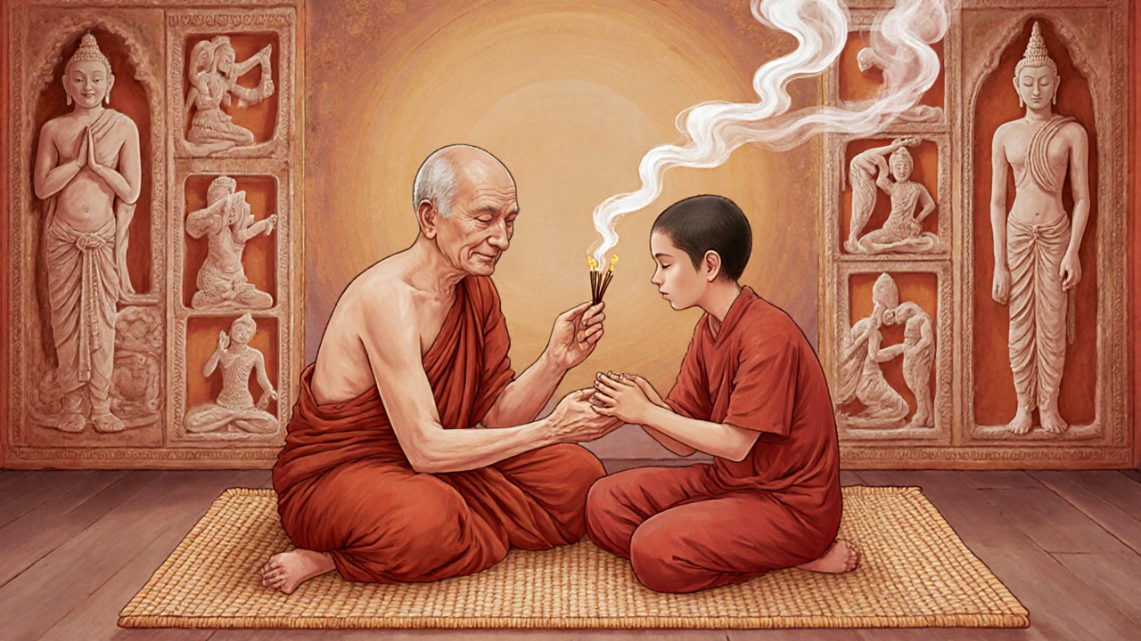 Elderly monk teaches apprentice Thai massage at Wat Pho, surrounded by traditional stone relief carvings of movements.