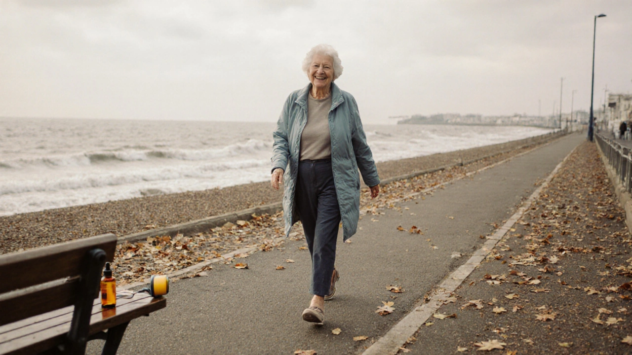 Elderly woman walking confidently on a seaside path, foot care tools visible on a bench nearby.