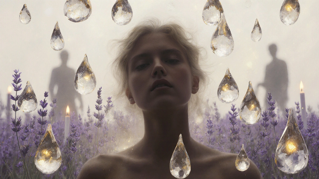 Floating wax droplets glow around a serene silhouette, symbolizing emotional release and calm.