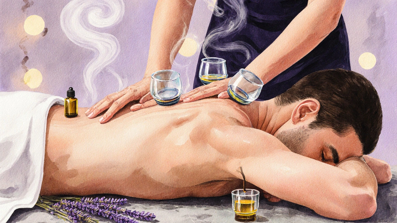 Fusion massage with acupressure and cupping in a serene studio, herbal oils and incense in the air.