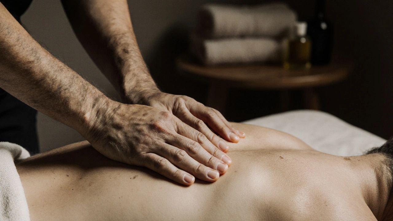 Gentle hands applying pressure to a bare back, with linen drape and warm natural light highlighting the healing moment.