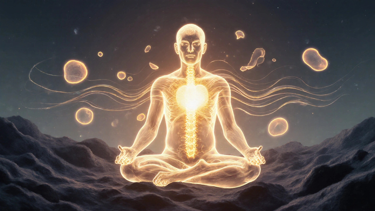 Golden energy light radiating from a person&#039;s spine and heart, dissolving dark shadows around their body in an ethereal style.