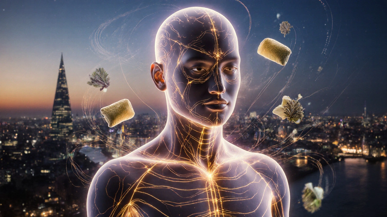 Golden energy lines reconnecting the body&#039;s meridians, symbolizing healing and balance in a London setting.