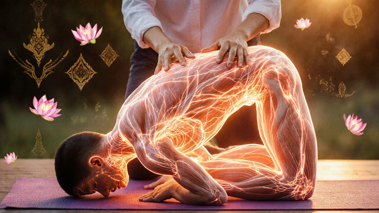 Human body with glowing energy lines mapped during a passive yoga stretch by a therapist