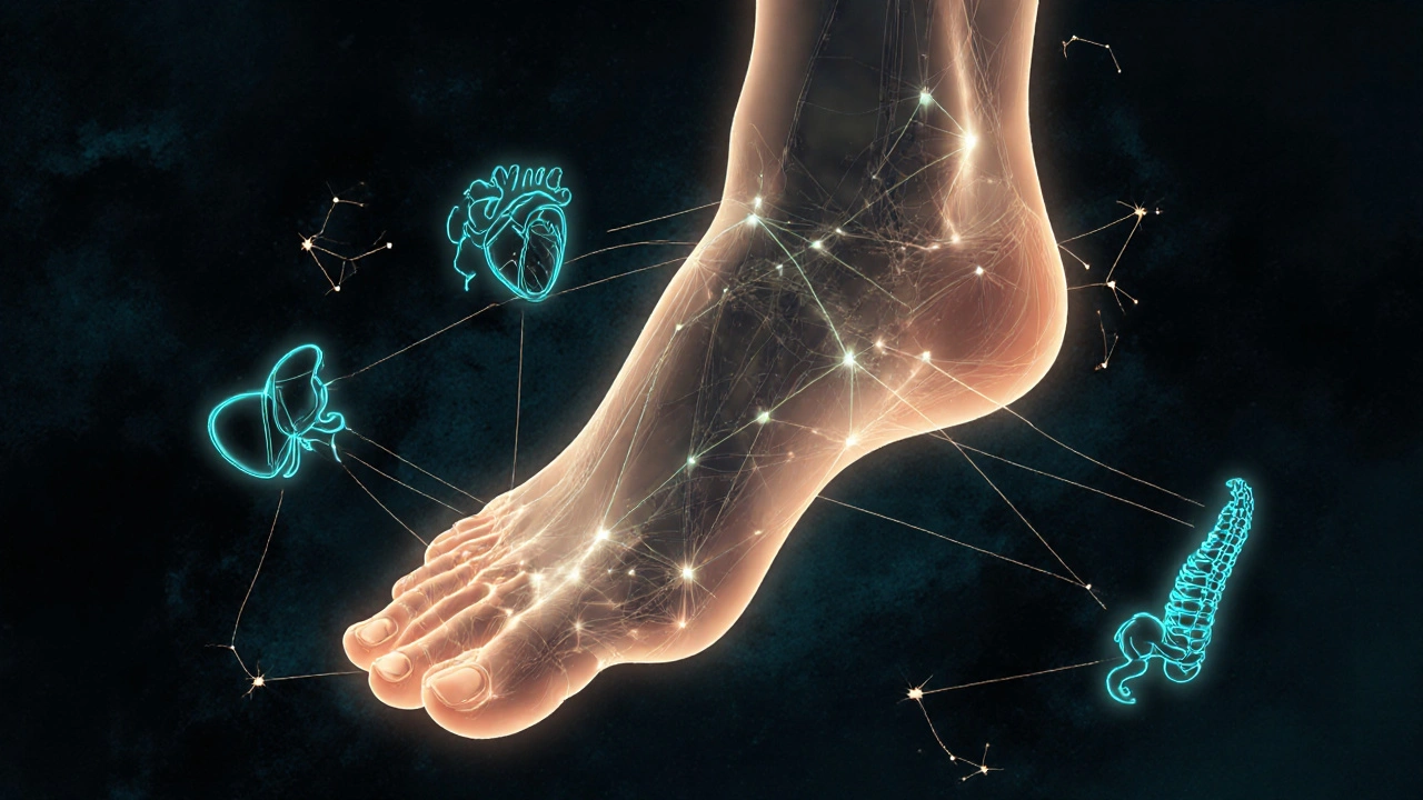 Illustrated foot with glowing reflex points connected to floating organ symbols in a cosmic style.