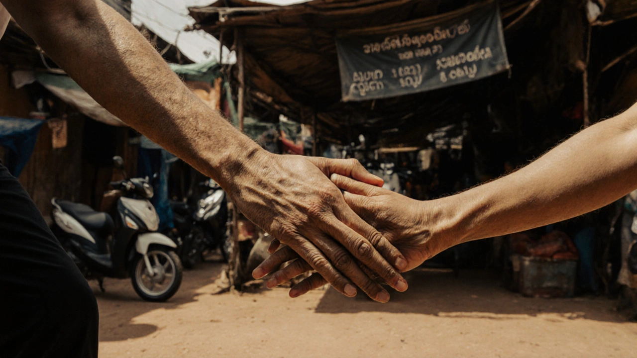 Interlocked hands in a stretch on a dusty floor, street life blurred behind, symbolizing cultural tradition and quiet connection.