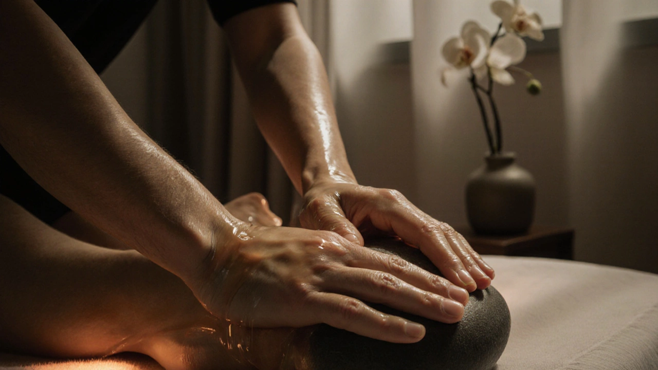 Intimate Nuru massage with body-to-body contact, gel glistening under soft studio lighting.