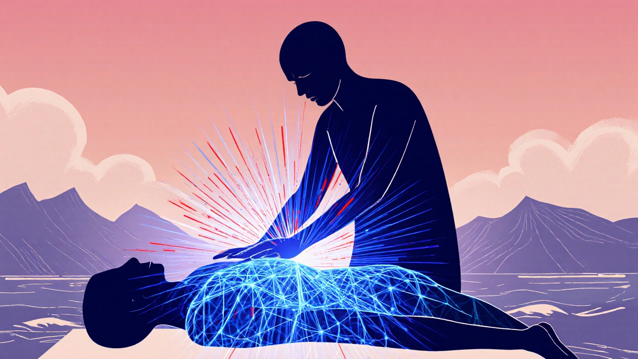 Minimalist line art showing therapeutic touch releasing pain signals and activating calming nervous system waves.