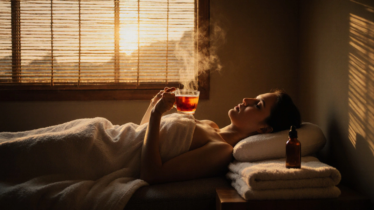 Person resting peacefully after massage, holding warm tea in a quiet, sunlit lounge.