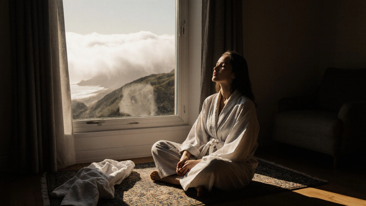 Person sitting quietly after a massage, bathed in morning light, exuding deep peace.