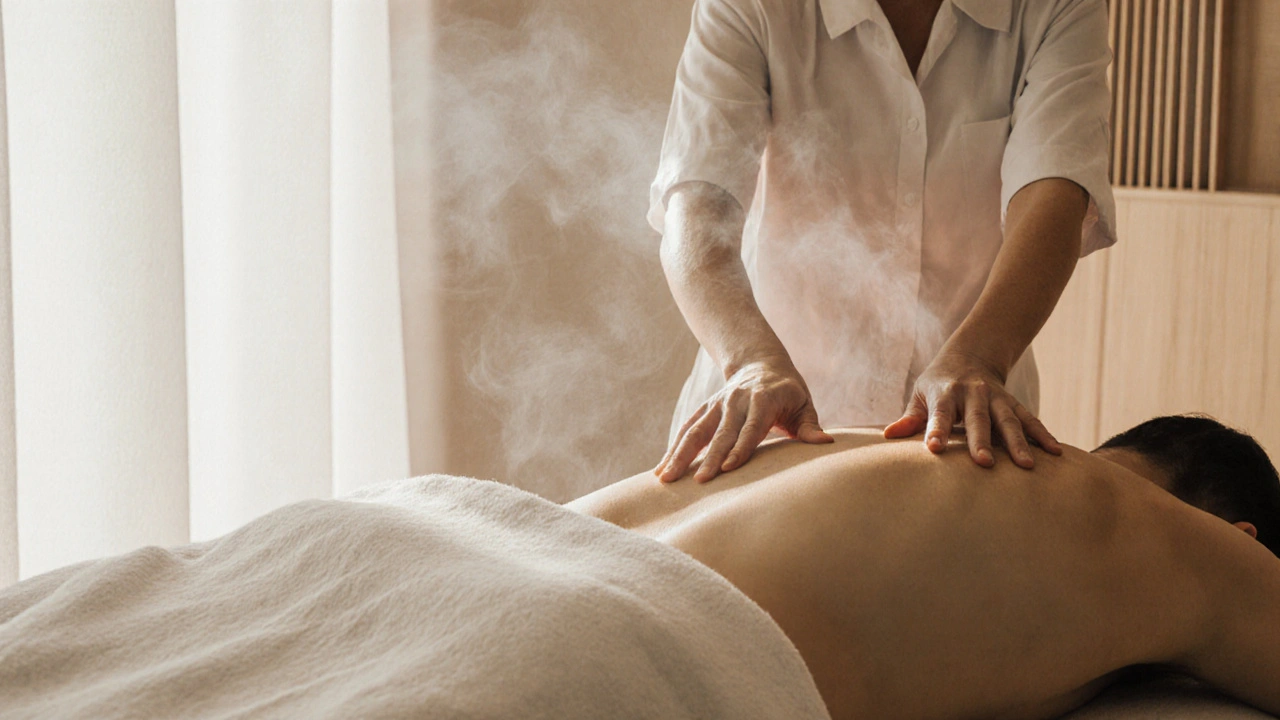 Serene massage studio interior with warm lighting and hands gently touching a draped figure on a heated table.