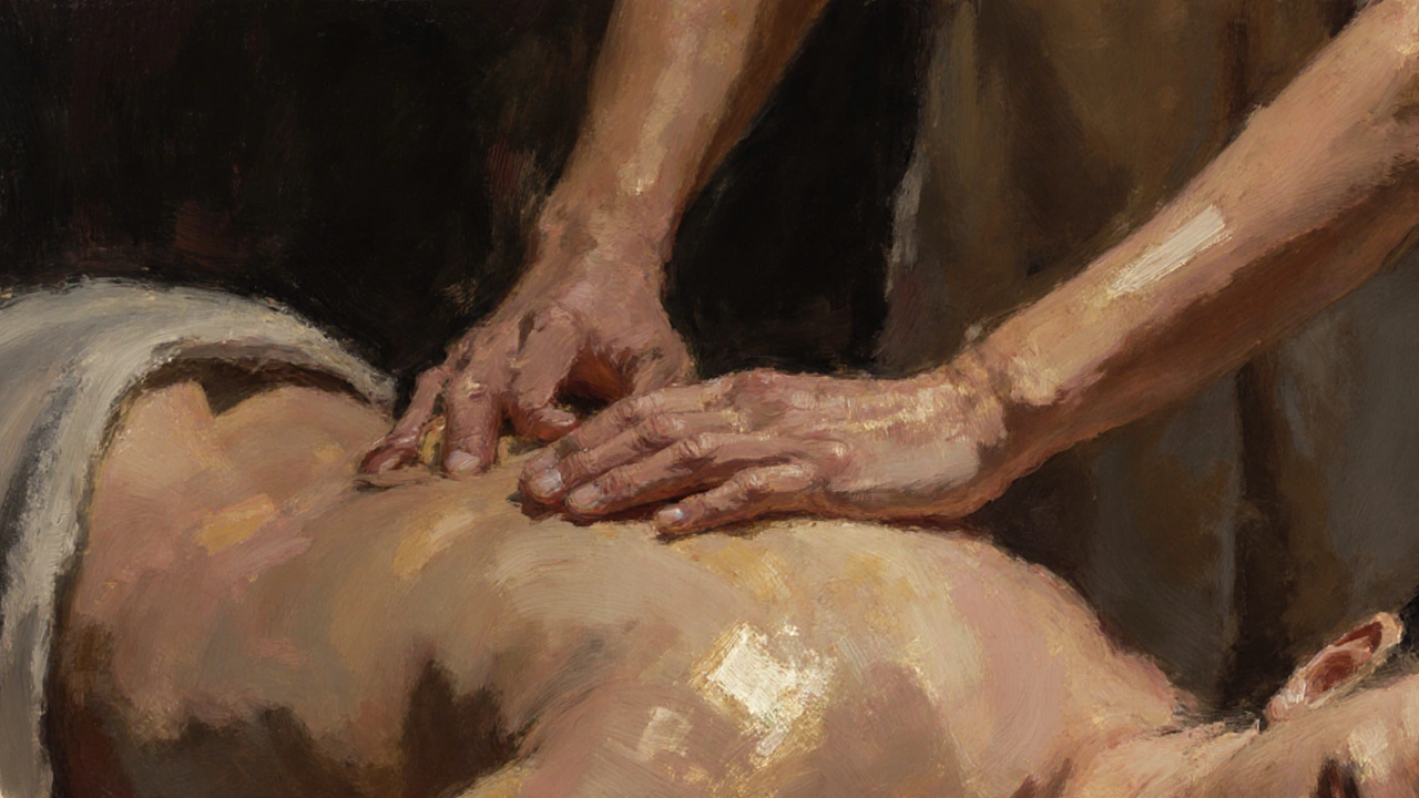 Soft body-to-body contact during a massage, with drapes and oil catching golden light.